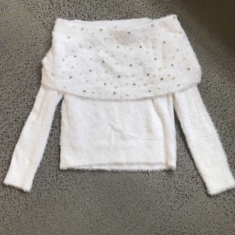 NY and company White Off-Shoulder Pearl-Embellished Fuzzy Sweater